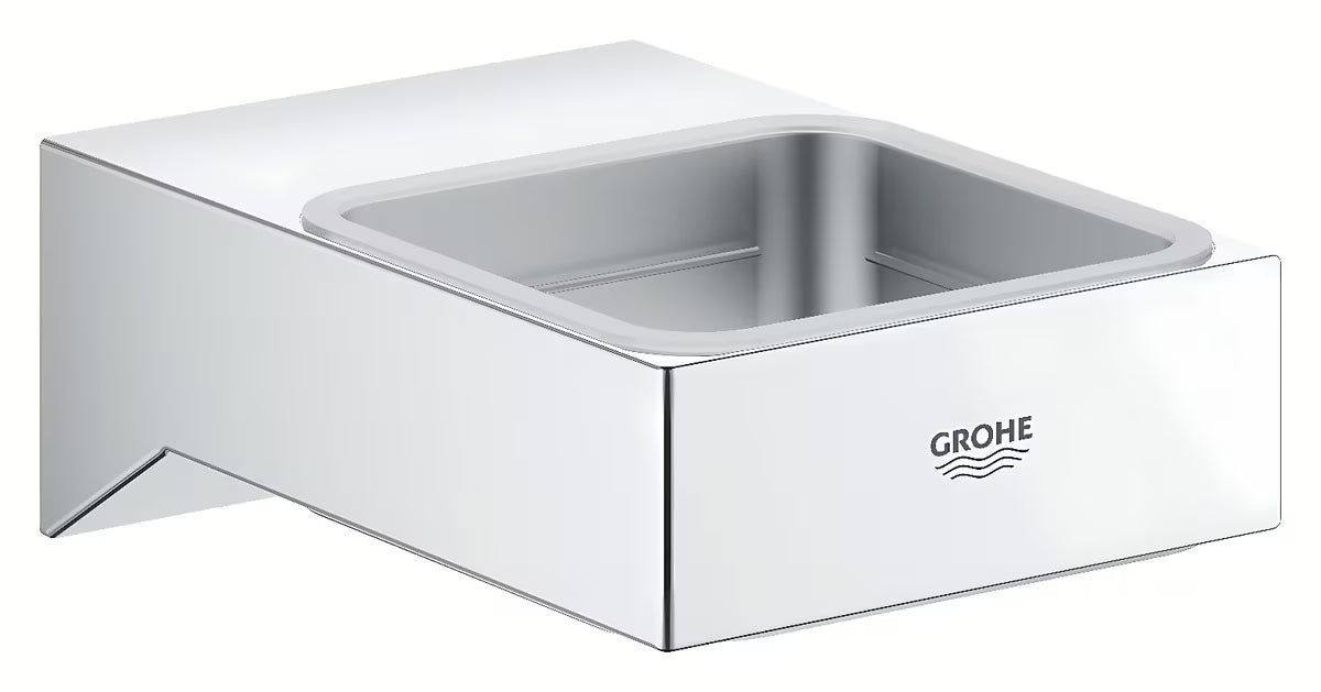 Chromowany ścienny uchwyt na mydelniczkę Grohe Selection Cube bez szklanki z ukrytym mocowaniem.