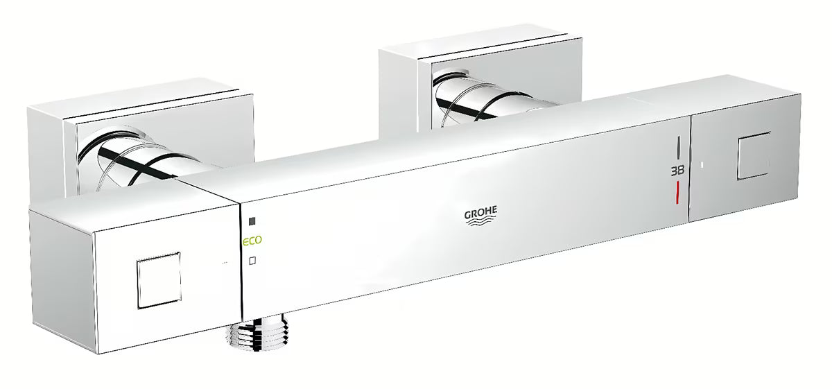 Termostatyczna bateria prysznicowa Grohe Grohtherm Cube w chromowanym wykończeniu o kwadratowym wzornictwie