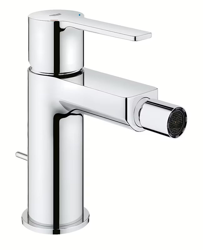 Chromowana jednouchwytowa bateria bidetowa Grohe Lineare z odpływem z przegubowym perlatorem