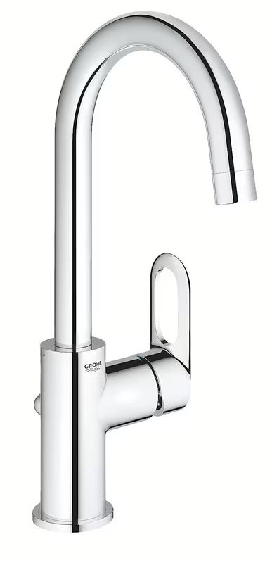 Wysoka jednouchwytowa bateria umywalkowa Grohe bauloop chromowana z obrotową wylewką i sterowaniem odpływem