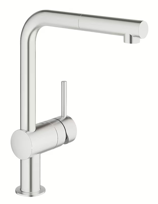 Bateria zlewozmywakowa Grohe Minta w wykończeniu supersteel z obrotową wylewką L i wyciąganą wylewką prysznicową.