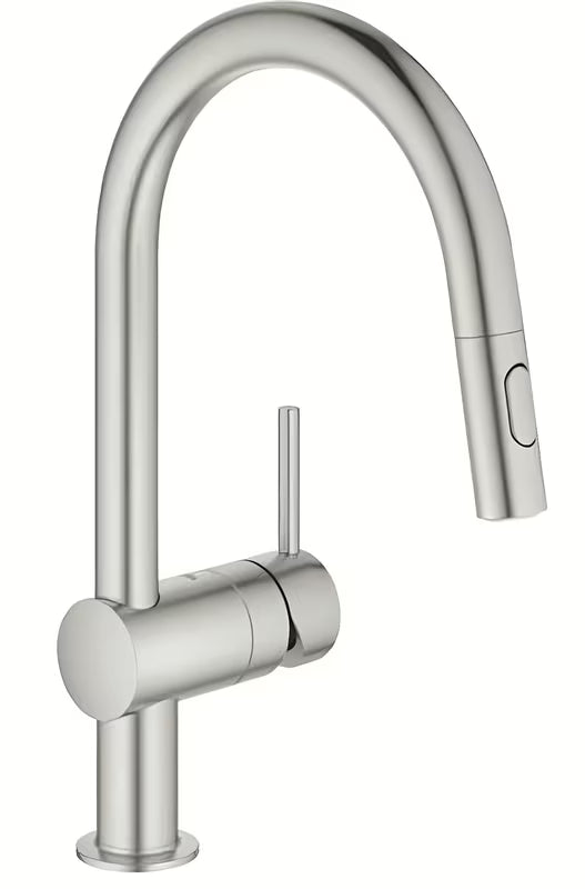 Bateria zlewozmywakowa Grohe Minta w wykończeniu supersteel z wysoką obrotową wylewką i wyciąganą wylewką