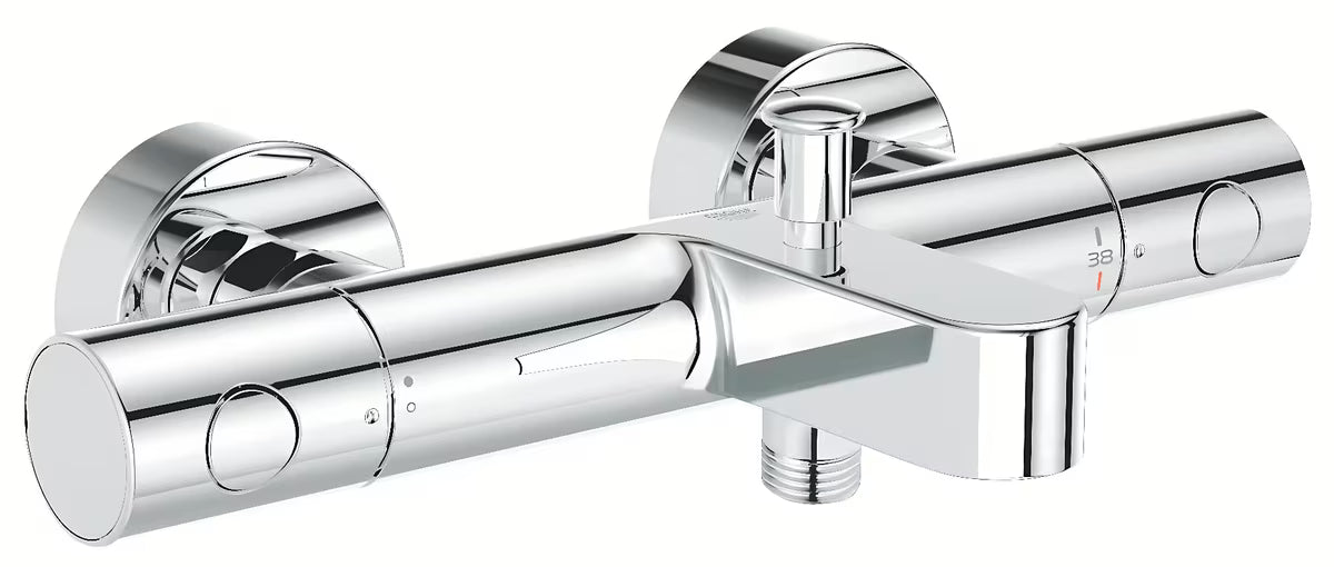 Termostatyczna ścienna bateria wannowa Grohe Precision Get w wykończeniu chrom z dolnym wyjściem prysznicowym.