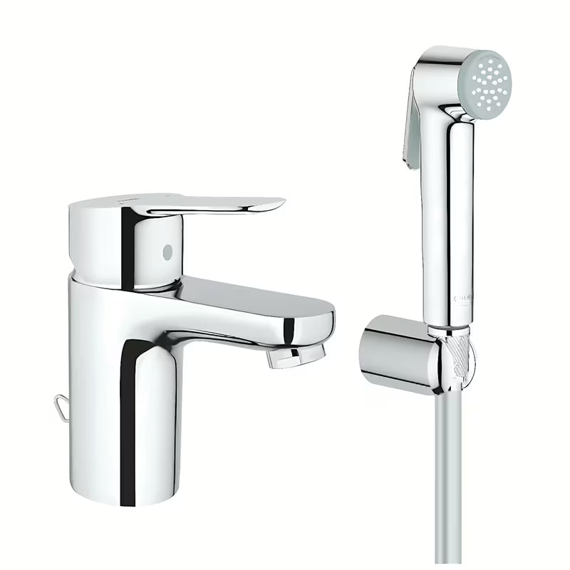 Chromowana bateria umywalkowa Grohe Project z prysznicem bidetowym i zestawem prysznicowym