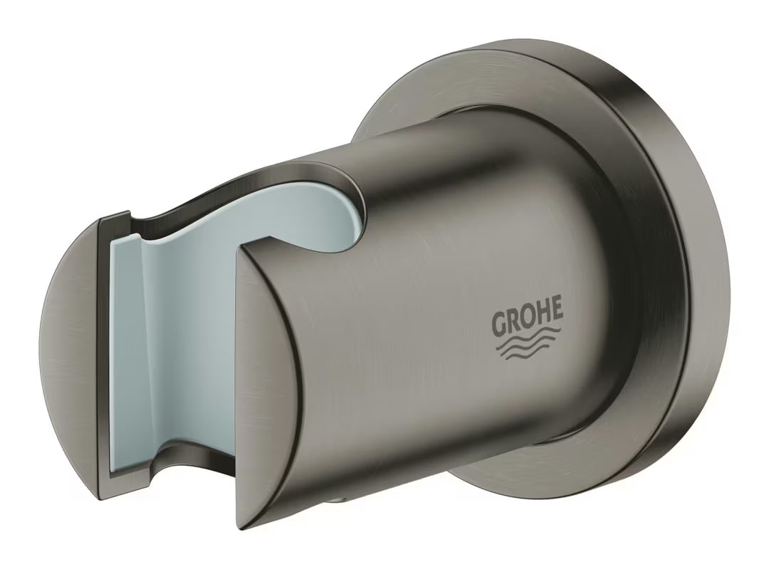 Ścienny uchwyt prysznicowy Grohe Rainshower z okrągłą rozetą w wykończeniu Brushed Hard Graphite.