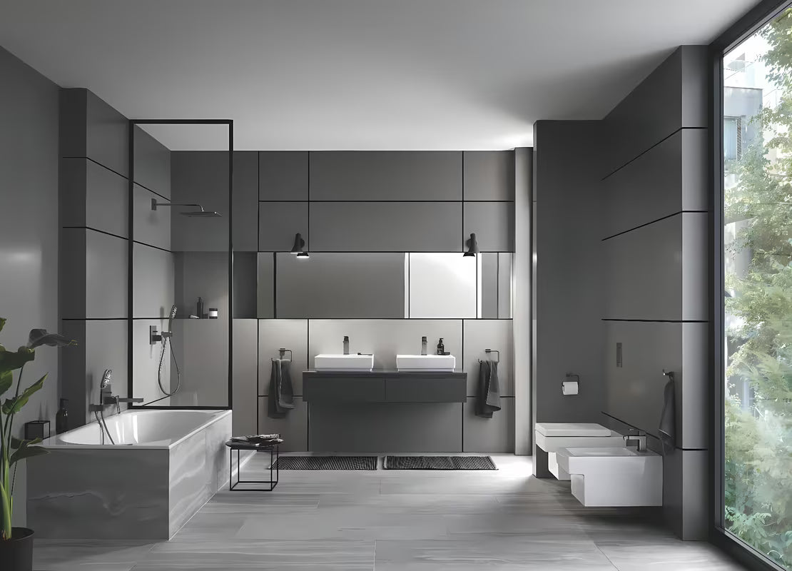 Deszczownica Grohe Rainshower 310 Mono Cube z ramieniem prysznicowym w wykończeniu szczotkowany Hard Graphite.