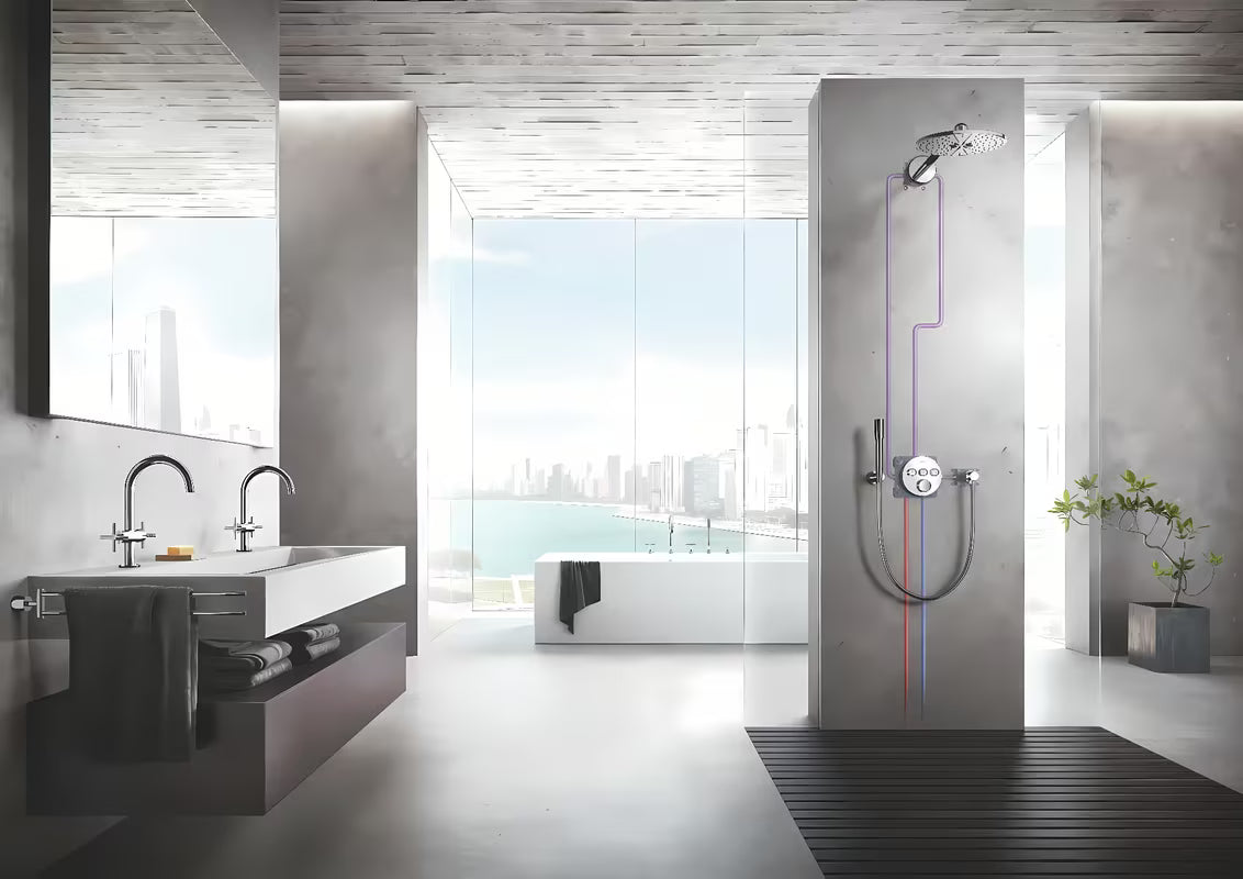 Chromowana deszczownica Grohe Rainshower smartactive 310 z ramieniem prysznicowym pro do montażu ściennego