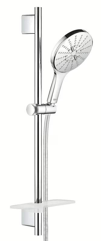 Chromowany zestaw prysznicowy Grohe Rainshower smartactive ze słuchawką prysznicową, drążkiem, wężem Silverflex i półką EasyReach
