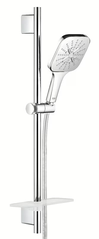 Chromowany zestaw prysznicowy Grohe Rainshower smartactive Cube ze słuchawką prysznicową, drążkiem, wężem i półką