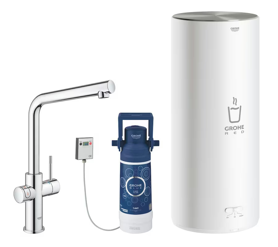 Chromowana bateria zlewozmywakowa Grohe Red Duo z wylewką L pro natychmiastową wrzącą wodę