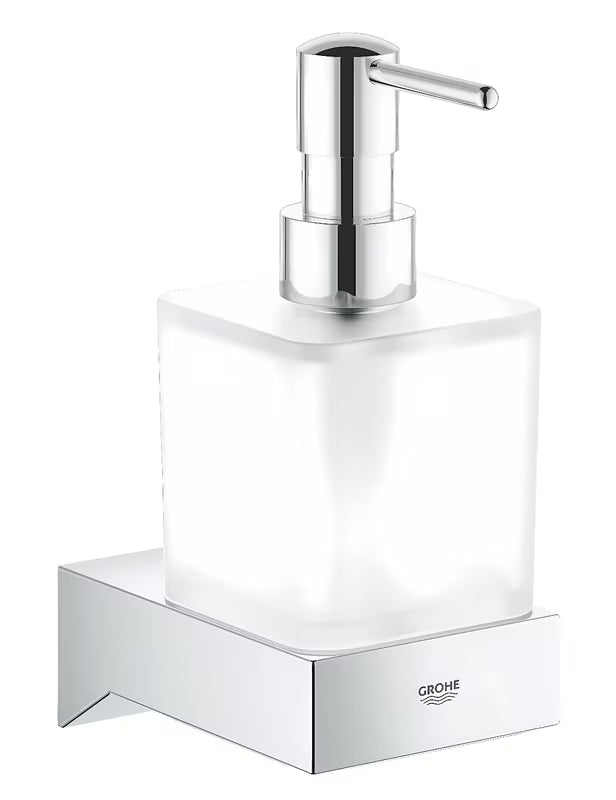 Chromowany dozownik mydła w płynie Grohe Selection Cube bez uchwytu ze szklanym pojemnikiem