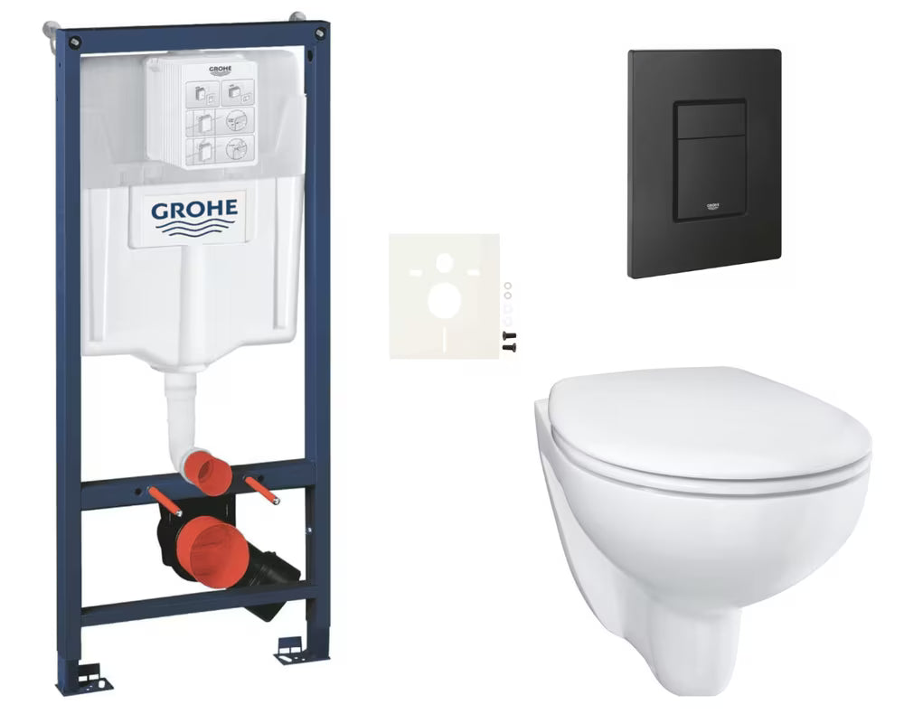 Zestaw WC podtynkowy Grohe Bau Ceramic z modułem podtynkowym Rapid SL i czarnym przyciskiem Even