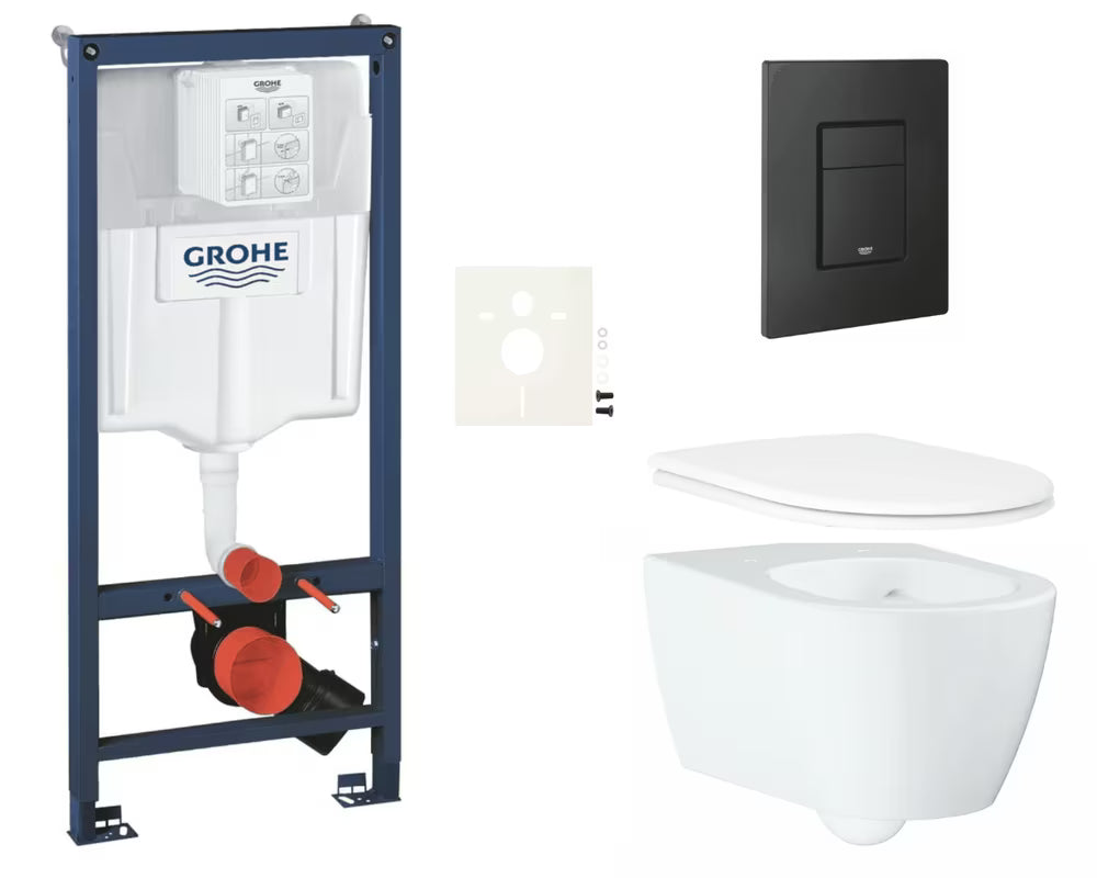 Zestaw WC podtynkowy Grohe Essence z modułem podtynkowym Rapid SL, miską Rimless i czarnym przyciskiem Even