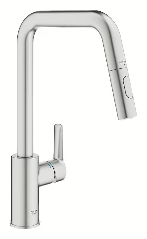 Bateria zlewozmywakowa Grohe Start 2021 w wykończeniu supersteel z wysoką obrotową wylewką i wyciąganą wylewką.