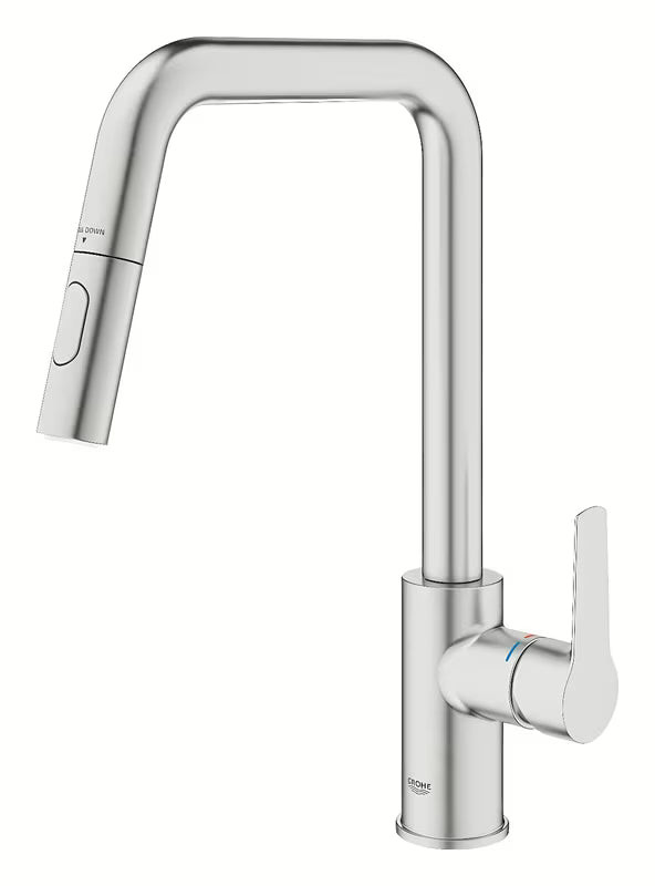 Bateria zlewozmywakowa Grohe Start 2021 w wykończeniu supersteel z wysoką obrotową wylewką i wyciąganą wylewką.