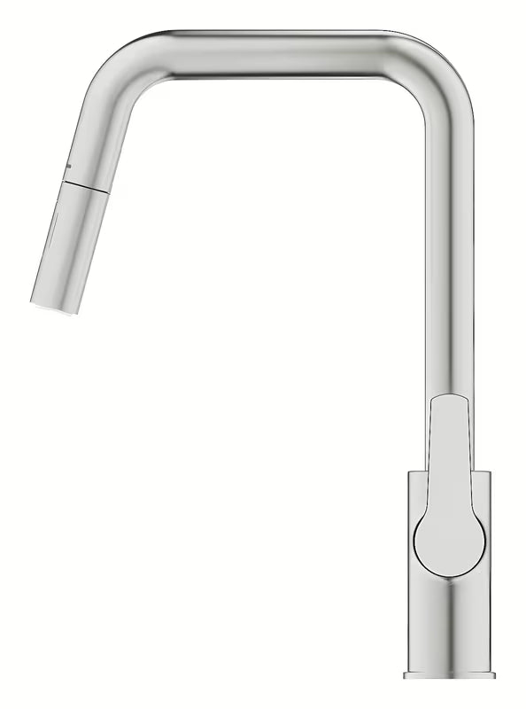 Bateria zlewozmywakowa Grohe Start 2021 w wykończeniu supersteel z wysoką obrotową wylewką i wyciąganą wylewką.