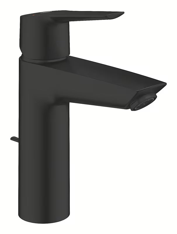 Matowoczarna jednouchwytowa bateria umywalkowa Grohe Start z montażem stojącym i korkiem klik-klak.
