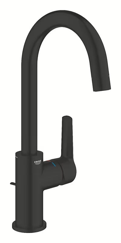 Matowoczarna bateria umywalkowa Grohe Start z wysoką obrotową wylewką i korkiem automatycznym.