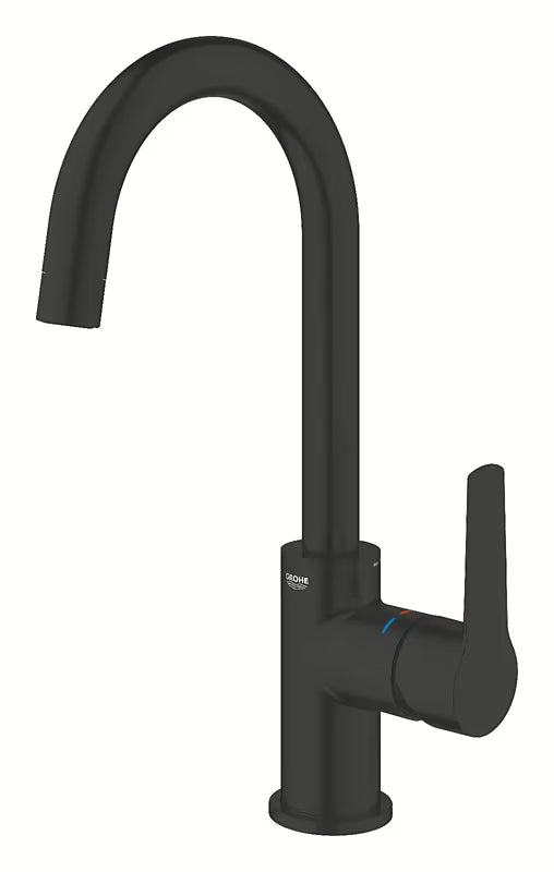 Matowoczarna bateria umywalkowa Grohe Start z wysoką obrotową wylewką i korkiem automatycznym.