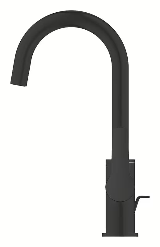 Matowoczarna bateria umywalkowa Grohe Start z wysoką obrotową wylewką i korkiem automatycznym.