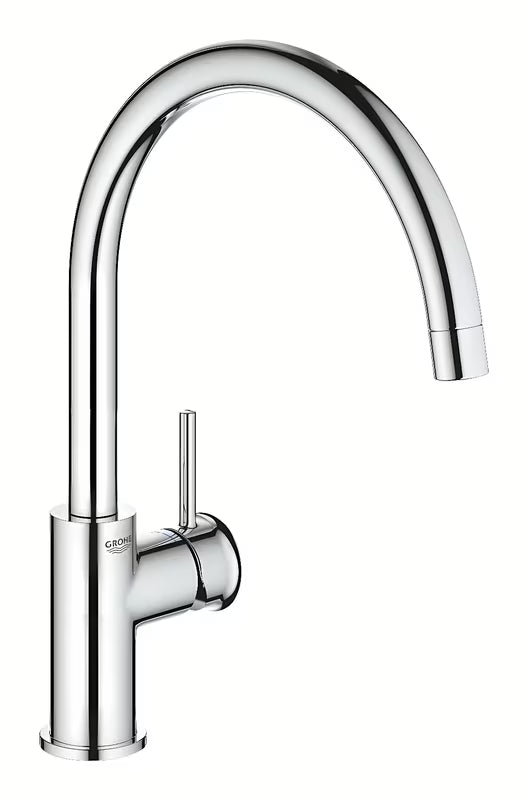 Chromowana bateria zlewozmywakowa Grohe Start Classic z wysoką obrotową wylewką i sterowaniem dźwignią.