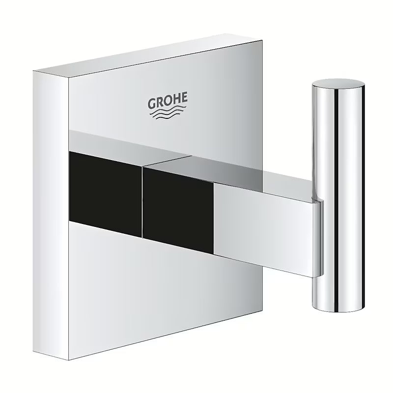 Metalowy haczyk Grohe Start Cube Accessories w wykończeniu chrom z ukrytym mocowaniem.