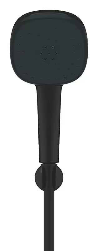Zestaw prysznicowy Grohe Vitalio Comfort 110 w matowej czerni ze słuchawką prysznicową, wężem 1750 mm i uchwytem ściennym.