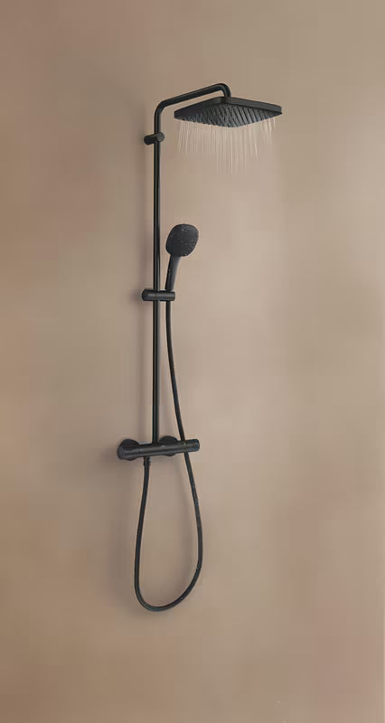 Matowo czarny system prysznicowy Grohe Vitalio Comfort 250 z baterią termostatyczną, z deszczownicą i słuchawką prysznicową