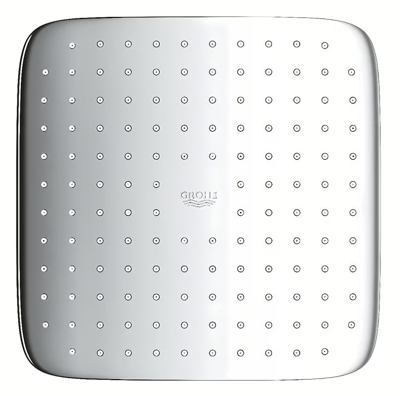 Kwadratowa deszczownica Grohe Vitalio Comfort 250 Cube w chromie ze strumieniem Rain i białą tylną osłoną.