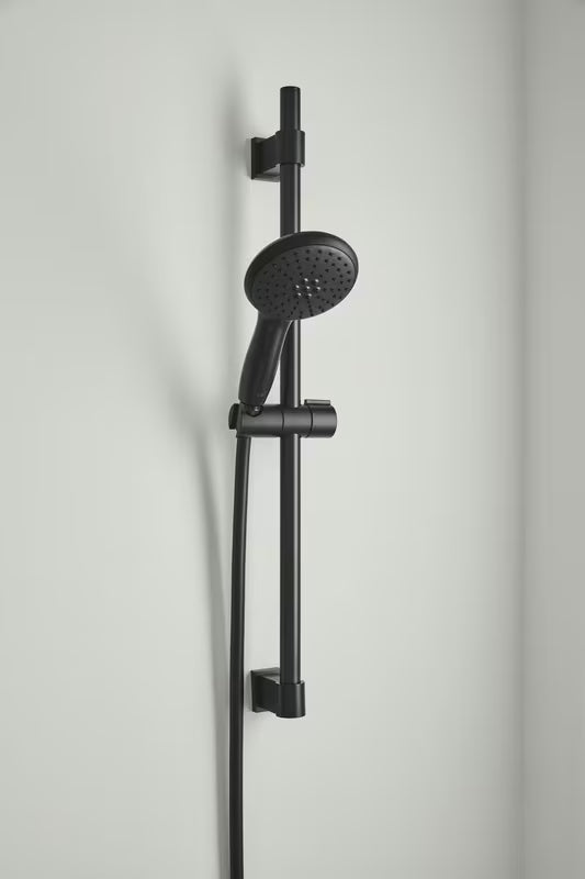 Matowoczarny zestaw prysznicowy Grohe Vitalio Start 110 z rączką prysznicową, wężem i drążkiem prysznicowym
