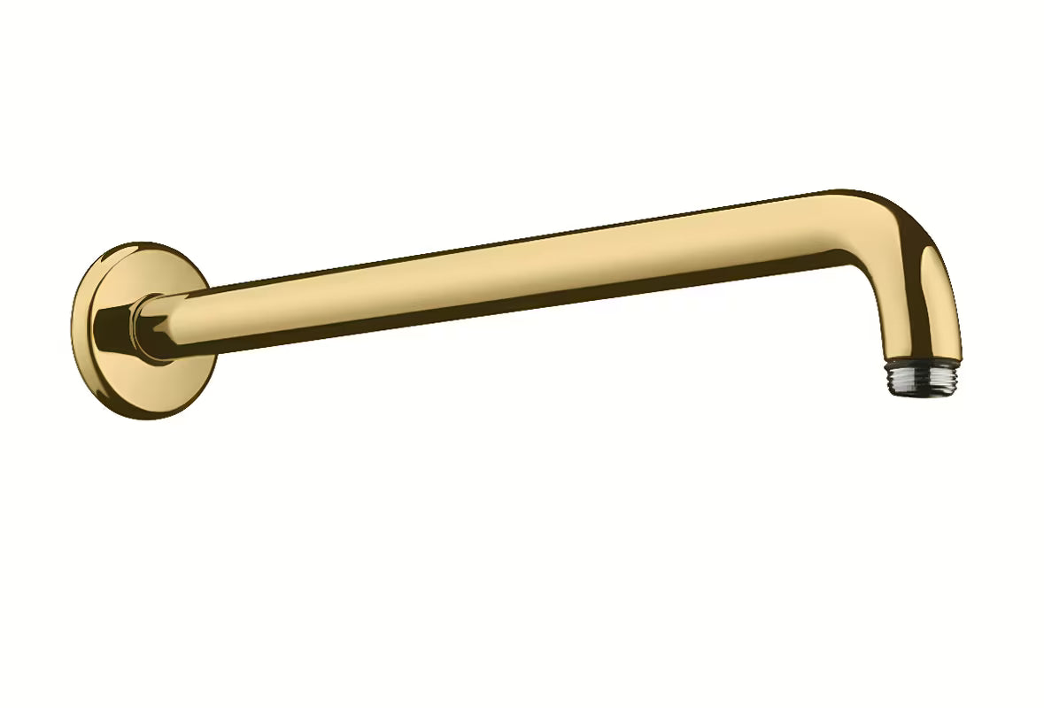 Ramię prysznicowe Hansgrohe ścienne w wykończeniu gold, długość 389 mm i kąt 90°.