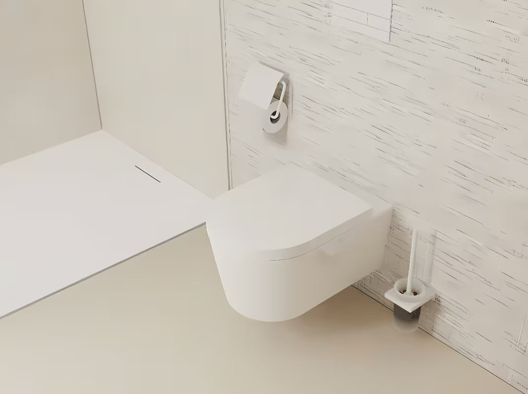 Ścienna SZCZOTKA do Wc hansgrohe addstoris w matowej bieli z uchwytem z metalu i ze szklanym pojemnikiem.