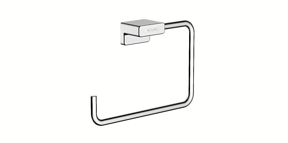 Chromowany wieszak na ręcznik w formie obręczy Hansgrohe addstoris z otwartym bokiem pro dla łatwego zawieszania.
