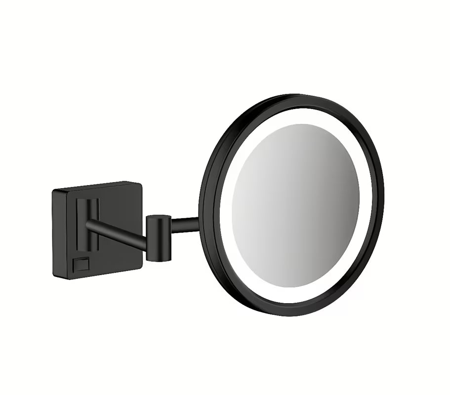 Składane lusterko kosmetyczne Hansgrohe addstoris w matowej czerni z OŚWIETLENIEM led do montażu ściennego.