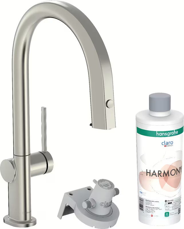 Bateria kuchenna zlewozmywakowa Hansgrohe Aqittura w wykończeniu stal nierdzewna z filtrem, z wyciąganą wylewką i sBoxem