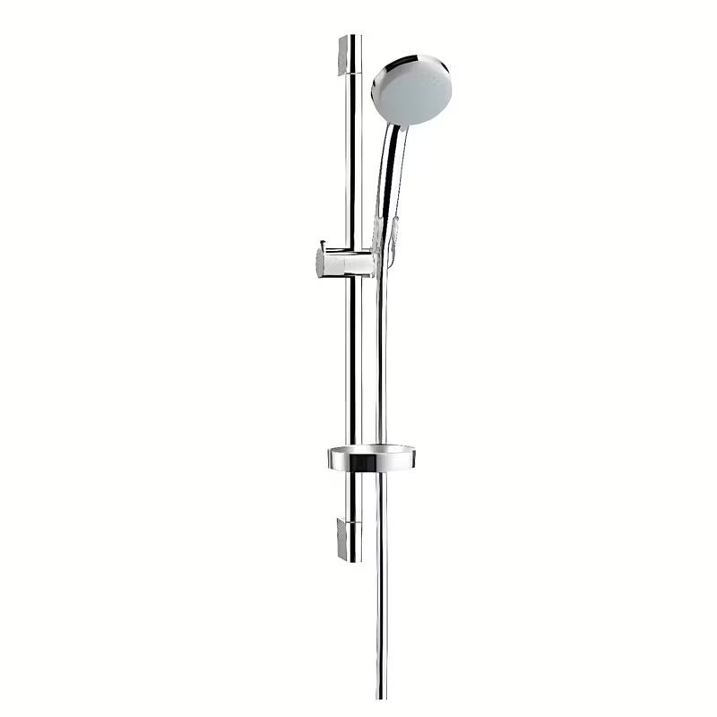 Zestaw prysznicowy Hansgrohe Croma 100 Vario w wykończeniu chrome ze słuchawką prysznicową, drążkiem, wężem i mydelniczką.