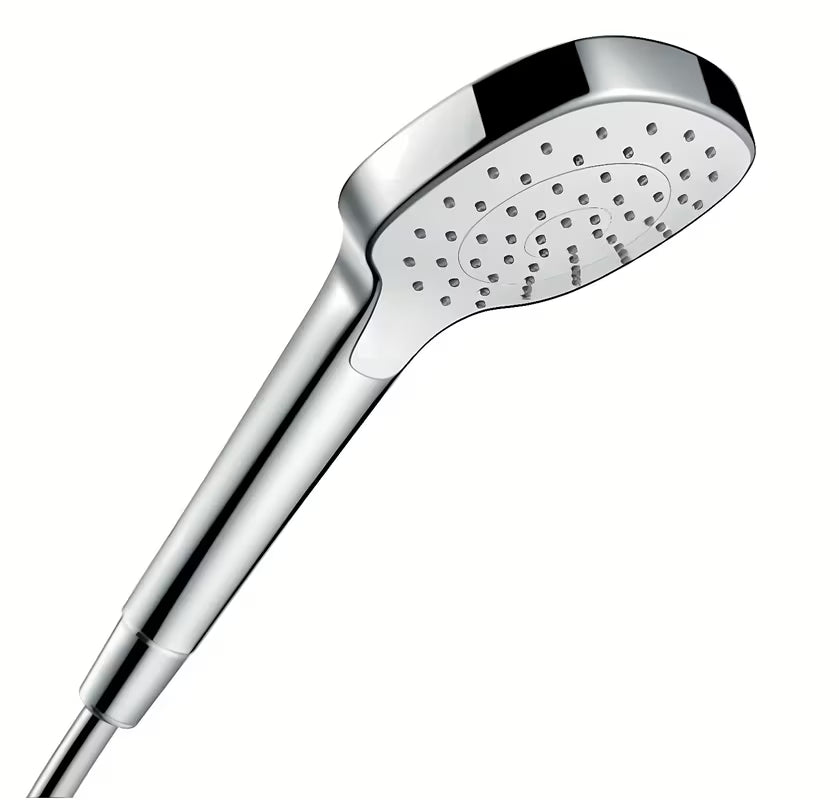 Słuchawka prysznicowa Hansgrohe Croma Select E w wykończeniu biały i chrom ze strumieniem Rain i średnicą 110 mm.