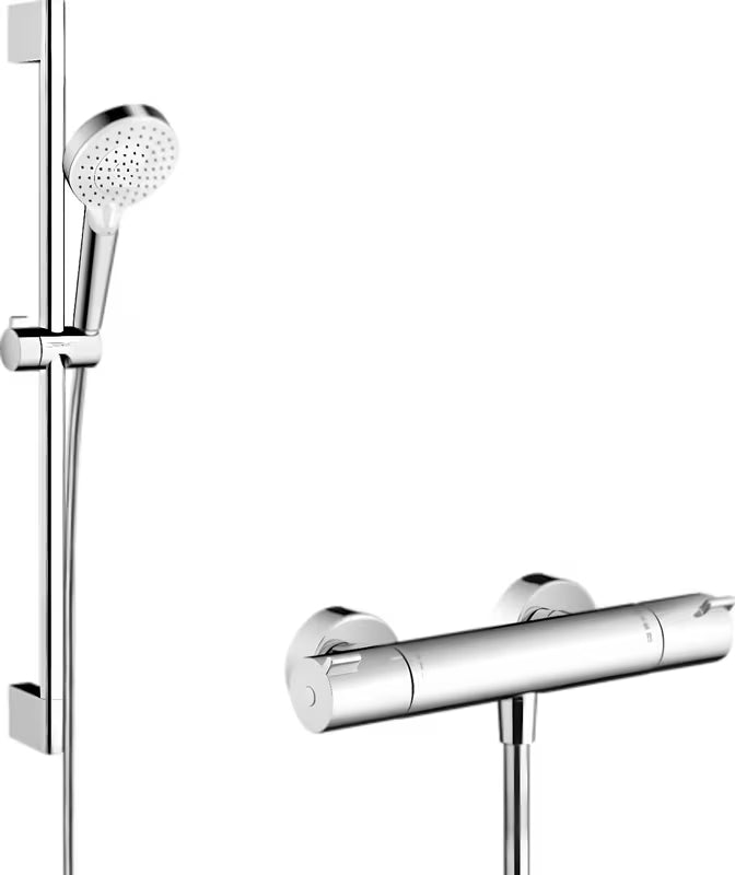 Hansgrohe Crometta system prysznicowy z termostatem w wykończeniu biel/chrom z rączką prysznicową i drążkiem prysznicowym