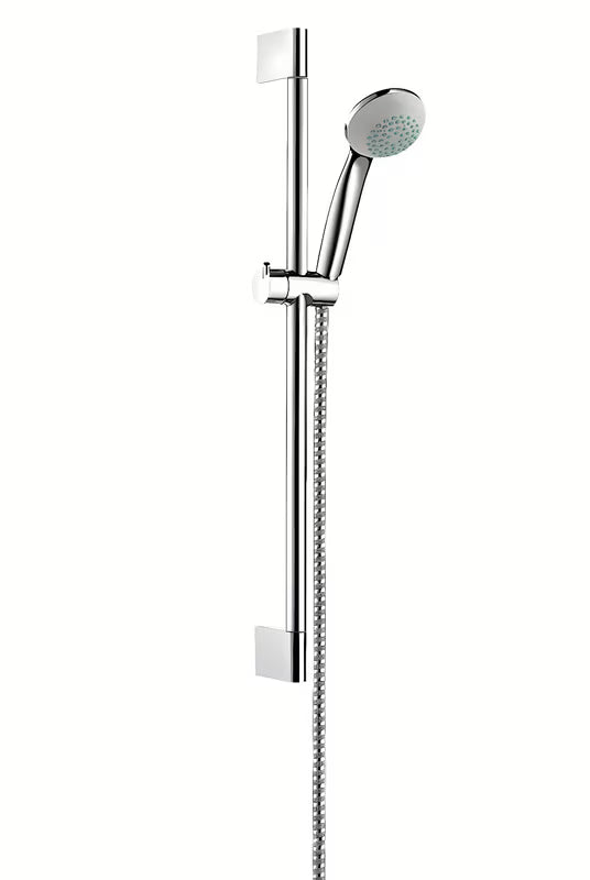 Hansgrohe Crometta 85 zestaw prysznicowy w chromie ze słuchawką prysznicową, drążkiem, wężem i suwakiem.