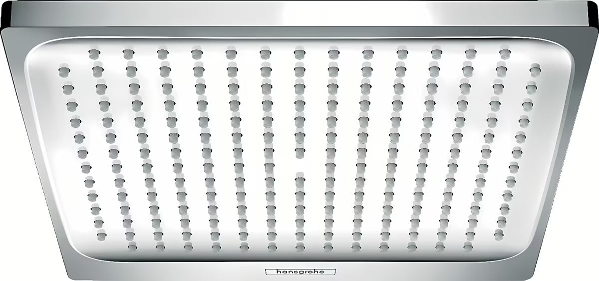 Deszczownica Hansgrohe Crometta E 240 w chromie ze strumieniem Rain i kwadratową głowicą 240 × 240 mm.