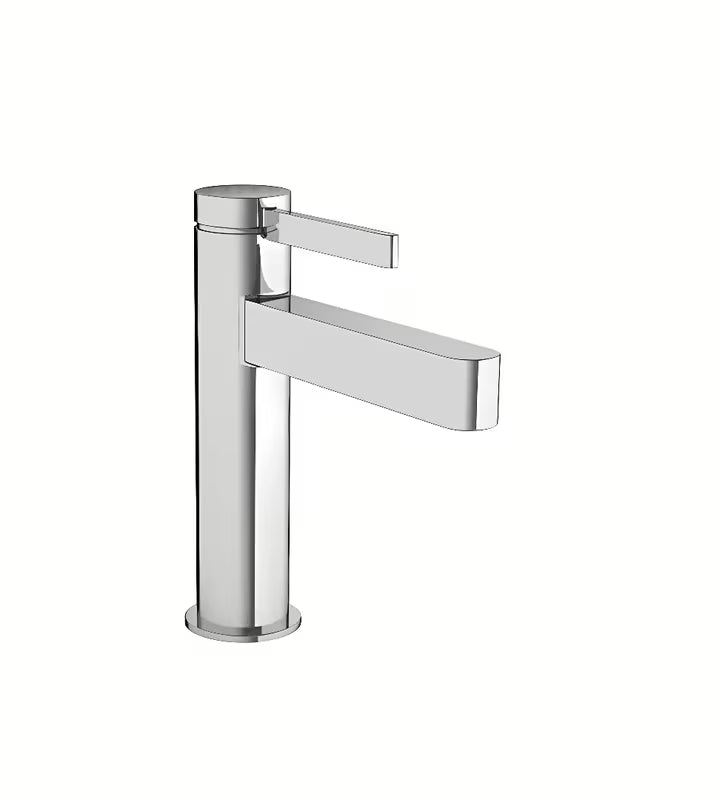 Chromowa bateria umywalkowa jednouchwytowa Hansgrohe Finoris z odpływem z korkiem cięgnowym w purystycznym wzornictwie.
