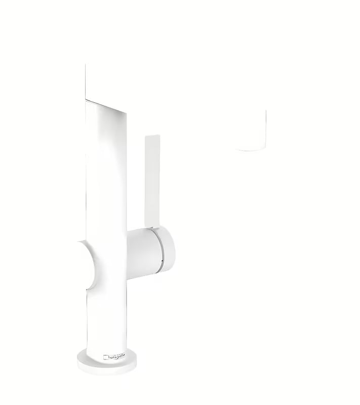 Umywalkowa bateria jednouchwytowa Hansgrohe Finoris w matowej bieli z obrotową wylewką i korkiem PushOpen