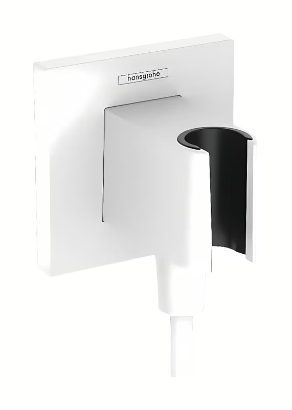 Hansgrohe fixfit E przyłącze kątowe w matowej bieli z uchwytem ręcznej prysznice i kwadratową rozetą.