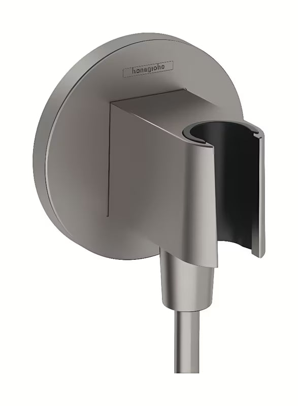 Hansgrohe fixfit S przyłącze kątowe z uchwytem prysznicowym w wykończeniu szczotkowany czarny chrom.