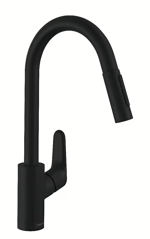 Matowa czerń bateria zlewozmywakowa Hansgrohe Focus M41 z wysoką wylewką i wyciąganą wylewką natryskową.