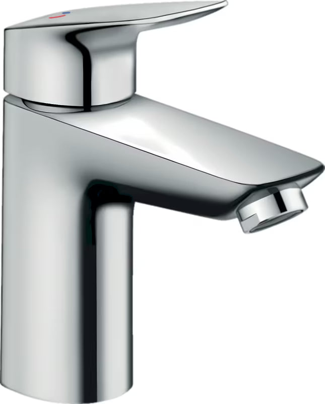 Chromowana jednouchwytowa bateria umywalkowa hansgrohe Logis 100 CoolStart z odpływem i ergonomiczną dźwignią.