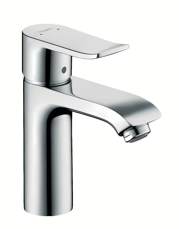 Chromowana jednouchwytowa bateria umywalkowa hansgrohe Metris 110 z odpływem z technologią EcoSmart