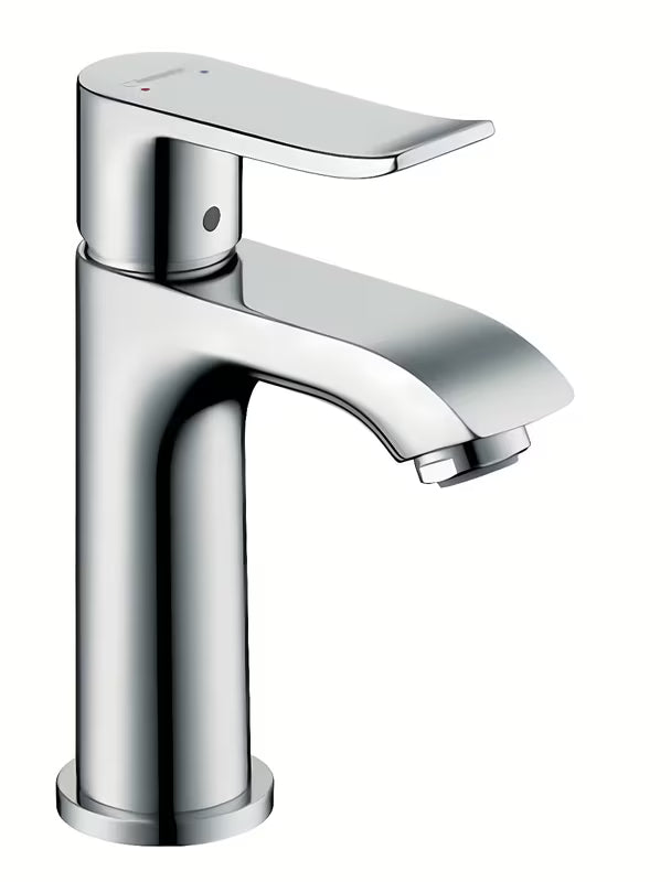 Chromowana jednouchwytowa bateria umywalkowa Hansgrohe Metris bez odpływu z technologią EcoSmart i QuickClean.