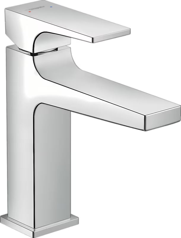Chromowana jednouchwytowa bateria umywalkowa Hansgrohe Metropol z odpływem o kanciastym wzornictwie