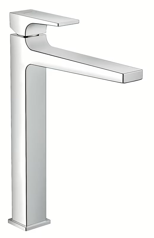 Wysoka jednouchwytowa bateria umywalkowa Hansgrohe Metropol w chromie z obrotową wylewką i korkiem push-open.